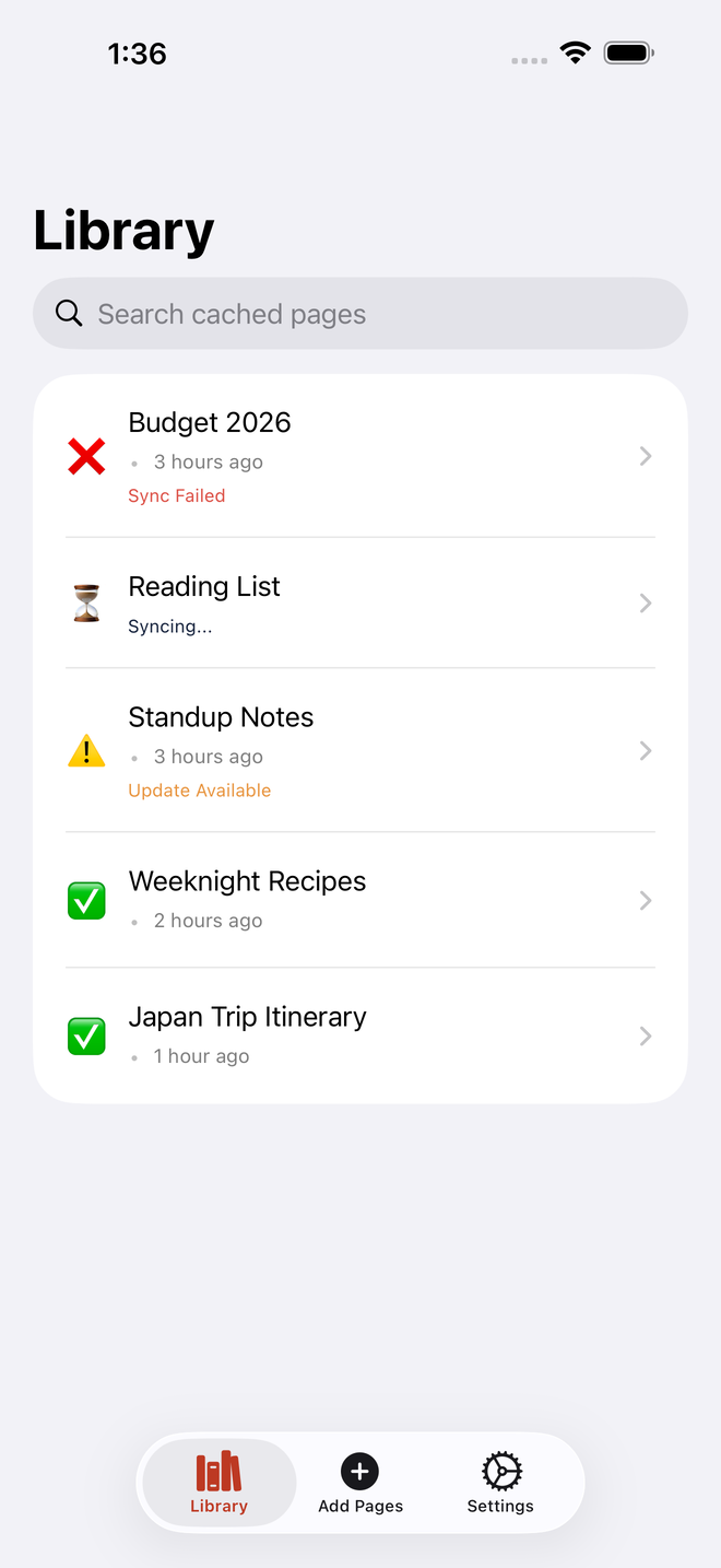 The PageCache library listing cached pages with sync status badges